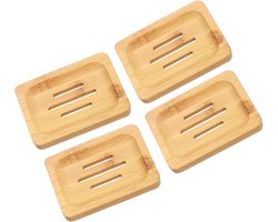4 stuks houten zeepbakje, natuurlijke bamboe zeepbakje zelflozende zeephouder voor badkamer, badkuip, aanrecht