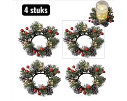 4 stuks - Kandelaars - Kaarsenhouder - Kerstkrans - Kerstversieringen - Kerstversiering - Kersthanger - Kerst Kaarsenstandaard - Geurkaars Houder met Dennentakken & Denneappels - Sfeervolle Kandelaar voor Tafel en Schoorsteenmantel - Rood