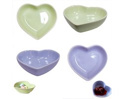 4 stuks - Keramiek dipsauskom - Hartvormig sojasausschaaltje - Keramiek dipsauskom - Hamster Golden Bear voerbak - Keramiek dessert snoepkom - Hartvormige kom Valentijnsdagdecoratie - Geschikt voor diner, bakken, grillen en koken (groen, paars)