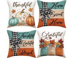 4 stuks Kussenhoezen 45x45 cm Polyester Herfst Decoratie - Pompoen en Glazen Potten Print Sierkussenhoezen voor Woonkamer Bank (Zonder vulling)
