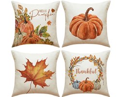4 stuks Kussenhoezen 45x45 cm Polyester Herfst Decoratie - Waterverf Pompoen en Esdoornblad Print Sierkussenhoezen voor Woonkamer Bank (Zonder vulling)