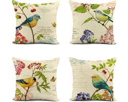 4 stuks - linnen kussenslopen - 45x45 cm - vintage aquarel vogels bloemen groene planten home decor - vierkante kussenhoes voor bank