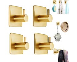 4 stuks - Mat geborstelde gouden kleefhaken - Gouden kleefhaken - Voor het ophangen van handdoeken, jassen, stoffen, portemonnees, hoeden, sleutels, zelfklevende handdoekrekken - Geschikt voor douches en badkamers - RVS haken - Geen boren nodig