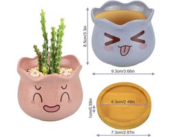 4 Stuks Mini Keramische Plantenpotten voor Sappige Planten - Met Bamboe Lade