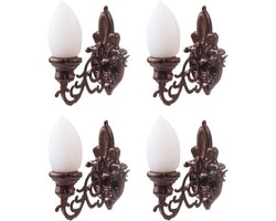 4 Stuks Mini Wandlampen 1:87 voor Poppenhuis, DIY Sandtafel Model Verlichting, ABS Materiaal, Koffiekleur, Witte Lichtbron voor Scene Decoratie en Mos Micro Landschap