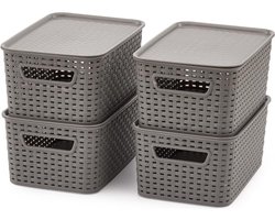 4 stuks opbergmanden met deksel van kunststof, mand opbergbox in rotan-look voor keuken, kledingkast, kast, 28 x 18,5 x 13 cm, grijs