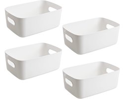 4 Stuks - Opbergmanden - Plastic Opbergmanden - Voorraadkast - Kunststof Opbergbakjes - 19 x 14,5 x 7 cm - met Handvatten - Stapelbaar - Organizer voor Badkamer, Keuken & Bureau - Wit