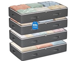 4 Stuks opbergzakken voor kleding (90 liter) - 100*50*18cm - Opbergbakken voor Onder Het Bed - opbergers voor speelgoed en kleding - opbergdozen met doorzichtige deksels voor lakens, dekens, kleding en dekbedden - Grijs