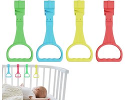 4 Stuks - Optrekringen - Trekring voor box - Ringen voor kinderbedden - Baby Pull Up Ringen - Staande ringen - Loopringen voor babybedjes - Ophangring voor ledikant - voor bedhekken, wiegjes en boxen - 19.5*8.5 cm - blauw, geel, groen, rood