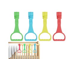 4 stuks - Optrekringen - Trekring voor box - Ringen voor kinderbedden - Baby Pull Up Ringen - Staande ringen - Loopringen voor babybedjes - Ophangring voor ledikant - voor bedhekken, wiegjes en boxen - 19.5*8.5 cm - blauw, geel, groen, rood