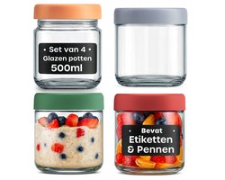 4 Stuks Overnight Oats Potjes 500ml met Deksels, Labels en Pen - Voor Havermout en Salades