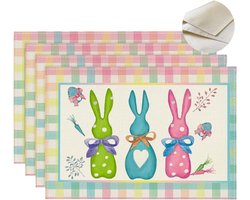 4 Stuks - Paasplacemats - Vrolijke Pastel Kleuren - 30x45 cm - Multicolor Ruitpatroon & Paashaas - Linnen Look - Wasbaar - Tafeldecoratie voor Pasen