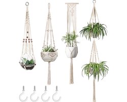 4 Stuks Plantenhangers - Boho Handgeweven Katoen Hangpot voor Binnen/Buiten - Bloempot met Kralen - Macramé Touw/Koord Hangplant Houder - Bohemian Wandhanger Decoratie - Verticale Tuin Plant Hanger Bloempothouder Planthanger Wit