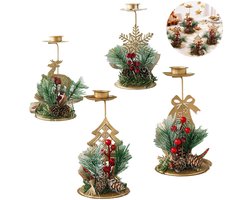 4 Stuks - Rendier Theekaarshouder - Versierd met Rode Bessen - Kerst Rendier Gouden Kaarshouder - Kerstdecoratie - Woondecoratie - Theekaarshouder - Kan gebruikt worden als middelpunt voor de eettafel - Geschikt voor kegelkaarsen