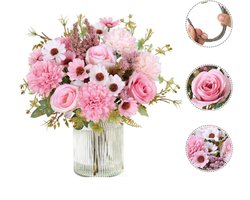 4 Stuks Roze Kunstbloemen Boeket - Realistische Pioenen & Hortensia's, Decoratief voor Bruiloft en Woonkamer