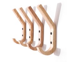 4 stuks rubberen houten wandgemonteerde kapstokken met twee haken, 16 x 6 x 2,5 cm