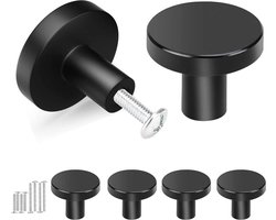 4 stuks - RVS Meubelknoppen - Zwarte kastknoppen 30 mm - Moderne ronde deurknoppen - Knoppen met schroeven - Deurknoppen voor kasten - Knoppen voor ladekasten - Meubelknoppen voor keuken - Kastknoppen voor kledingkast