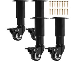 4-Stuks Set Instelbare Meubelpoten met Draaibare Rollen, 360° Draaibare Meubelpoten, Hoogte Instelbaar van 14,5-16 cm, Geschikt voor Nachttafels, Schoenenkasten en Salontafels (Zwart)