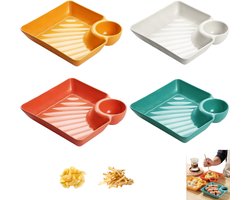 4 stuks - Snackschaal - Snackborden - Hapjes schaal - Hapjesschaal met vakken- Tapas bordjes - Bord met dipschaal voor hapjes - wit + groen + oranje + geel - Van PP - 18,3cm - Voor Loempia's, Chips en Hapjes
