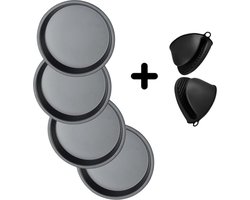4 stuks taartvorm - rond - diameter 15 cm - pizzaplaat - koolstofstaal - taartvorm - anti-aanbaklaag - taartplaat - ronde bakplaat - quiche -bakvorm voor pizza, cheesecake, taart + 1 paar mini siliconen ovenwanten