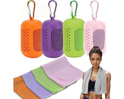 4 Stuks - Towelling Sporthanddoek - 90x30cm - Met Siliconen Hoes en Karabijnhaak - Verkoelende Handdoeken - Cooling Towel - Ice Towel - Koel - Absorberend - Sneldrogend - Voor Sportschool, Training, Yoga en Sport -Oranje/Paars/ groen/Roze