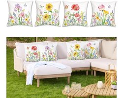 4 stuks - Tuinbloemen kussenhoezen - Bedrukte kussensloop - zacht en comfortabel - afneembaar en wasbaar - wit - geschikt als decoratie voor op de bank, in de tuin of op het terras - Geen kussenkern