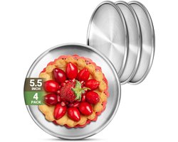 4 stuks - Verdikt dinerbord van roestvrij staal - 14 cm 304 (18/8) metalen borden - herbruikbare snackborden - rond buffet dienblad - voor hoofdgerechten, gegrild vlees, desserts, salade en fruit - zilver