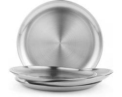 4 stuks - Verdikt dinerbord van roestvrij staal - 23 cm 304 (18/8) metalen borden - herbruikbare snackborden - rond buffet dienblad - voor hoofdgerechten, gegrild vlees, desserts, salade en fruit - zilver