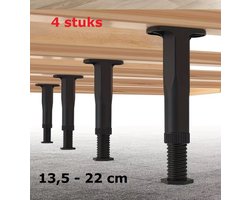 4 stuks verstelbare Bedsteunen - 13,5cm - 22cm - Bedframe-steunpoten - meubelpoten - kastpoten - zwart - incl. schroeven