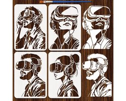 4 Stuks Virtual Reality Sjablonen met Kwast 21x29.7cm voor Schilderen op Hout, Muur en Meubels - Creatieve DIY Decoratie voor Thuis met Menselijke Thema's