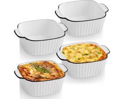 4 Stuks Witte Geribbelde Keramische Ovenschaal Met Oren - Geschikt voor Oven, Airfryer & Magnetron, Vierkante Bakvorm voor Lasagne & Ovengerechten