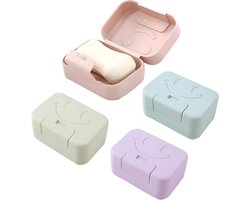 4 stuks - Zeepkist - 11*7.5*5 cm - Draagbare reis zeepbakje - Badkamer zeepbakje - eenvoudig te reinigen zeepbakje - zeepbakje met deksel - waterdicht - lekvrij - voor badkamer, camping en keuken - blauw, groen, roze, paars