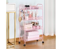 4-Tier Rolling Car,Gemakkelijk Monteer Mobiele Opslag Trolley Op Wielen, Schuif Uit Utility Cart Rekken Eenheden Keuken Badkamer Wasruimte, Roze