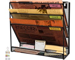 4 Tier Wandgemonteerde Hangende Muur File Organizer A4 Wall Pocket Houder - Metalen Mesh Magazine Rack en Mail Organizer - Zwart