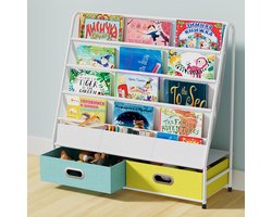 4-traps kinderboekenkast met opbergbakken, ideale opslag voor boeken, speelgoed en snacks, perfect voor speelkamers en huisonderwijs