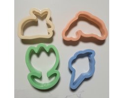 4 uitsteekvormen voor deeg, koek, koekjes - pastel bakvormpjes - koekvormpjes - thema zee: konijn, tulp, ijsje, dolfijn - uitsteekvormpjes figuurtjes klei - bakken met kids