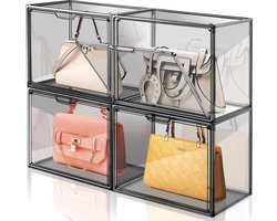4 verpakkingen transparante kunststof handtas-opberg-organizer voor kast, grijs acryl vitrine voor handtas, portemonnee, stapelbare opbergdozen