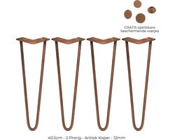 4 x 40,6 cm hairpin retro pootjes tafelpoten pinpoten - 2 staven - 12 mm - antiek koper