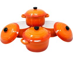 4 x kleine ovenschalen met deksel, mini-ovenvormen van keramiek, 200 ml, ronde vormpjes 10 x 5 cm, kleine ovenschaal, kleur: oranje in set van 4