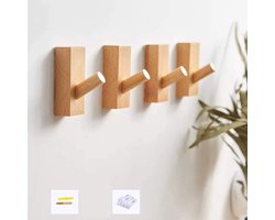 4 Zelfklevende haken - Vintage beukenhouten kapstokhaak (rechthoekig) - Natuurlijk houtdesign