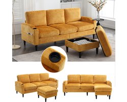 4-zits bank geel - grote loungebank voor 4 personen - 196.5 × 77 cm - Zachte chenille bekleding - Geïntegreerde drankhouders en zijvakken