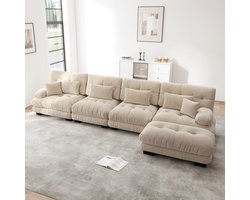 4-Zits Bank, L-Bank, Modulaire Hoekbank, L-vormige Bankstel voor de Woonkamer, Comfortabele 4-zitsbank met Verplaatsbare Poef, Doe-het-zelf Combinatie, Chenille-Lichte Koffie