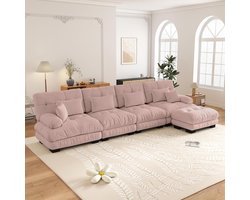 4-Zits Bank, L-Bank, Modulaire Hoekbank, L-vormige Bankstel voor de Woonkamer, Comfortabele 4-zitsbank met Verplaatsbare Poef, Doe-het-zelf Combinatie, Chenille-Roze