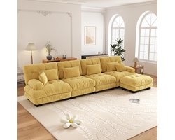 4-Zits Bank, L-Bank, Modulaire Hoekbank, L-vormige Bankstel voor de Woonkamer, Comfortabele 4-zitsbank met Verplaatsbare Poef, Doe-het-zelf Combinatie, Chenille-geel