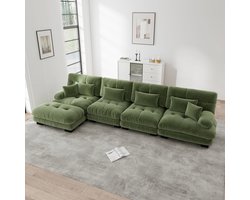 4-Zits Bank, L-Bank, Modulaire Hoekbank, L-vormige Bankstel voor de Woonkamer, Comfortabele 4-zitsbank met Verplaatsbare Poef, Doe-het-zelf Combinatie, Chenille-Groente