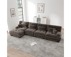 4-Zits Bank, L-Bank, Modulaire Hoekbank, L-vormige Bankstel voor de Woonkamer, Comfortabele 4-zitsbank met Verplaatsbare Poef, Doe-het-zelf Combinatie, Chenille-Bruin