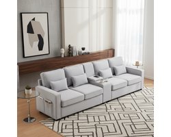 4-Zits Bank met USB-Poorten & Bekerhouders – Luxe Linnen Sofa met Opbergvakken & 4 Lendenkussens – Hoge Rugleuning, Comfort Sponsvulling, Moderne Grote Zitbank voor Woonkamer, Woning & Kantoor – 83D x 290B x 88H cm – Grijs – Medahomestore
