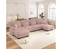 4-Zits Bank, U-Bank, Modulaire Hoekbank, U-vormige Bankstel voor de Woonkamer, Comfortabele 4-zitsbank met Verplaatsbare Poef, Doe-het-zelf Combinatie, Chenille-Roze