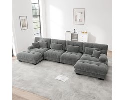 4-Zits Bank, U-Bank, Modulaire Hoekbank, U-vormige Bankstel voor de Woonkamer, Comfortabele 4-zitsbank met Verplaatsbare Poef, Doe-het-zelf Combinatie, Chenille-Grijs
