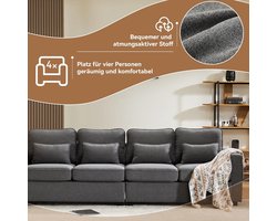 4-Zits Bank van Linnenstof met Armleuningvakken en 4 Kussens – Moderne Comfort Sofa voor Woonkamer, Ruime Linnenbank in Donkergrijs – Luxe Scandinavisch Design – Medahomestore